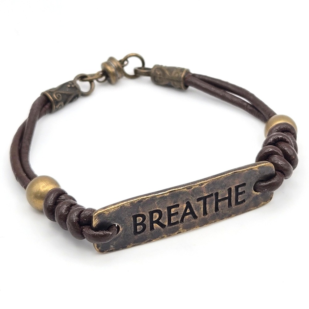 Breathe Engraved ID Plate Leather Cord‎ Bracelet Brass Magnetic Clasp Brown